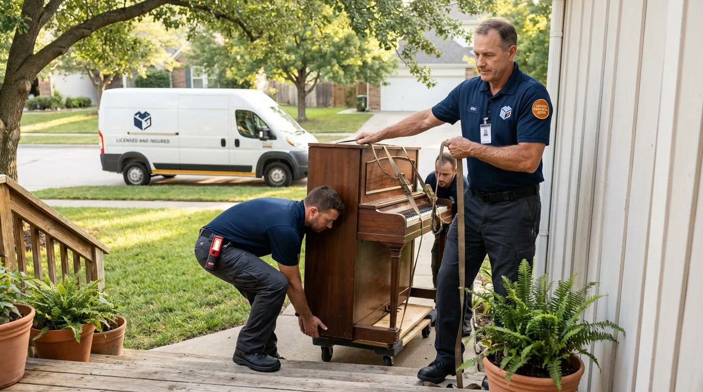 Licensed piano movers securing grand piano in Greenwood, DE