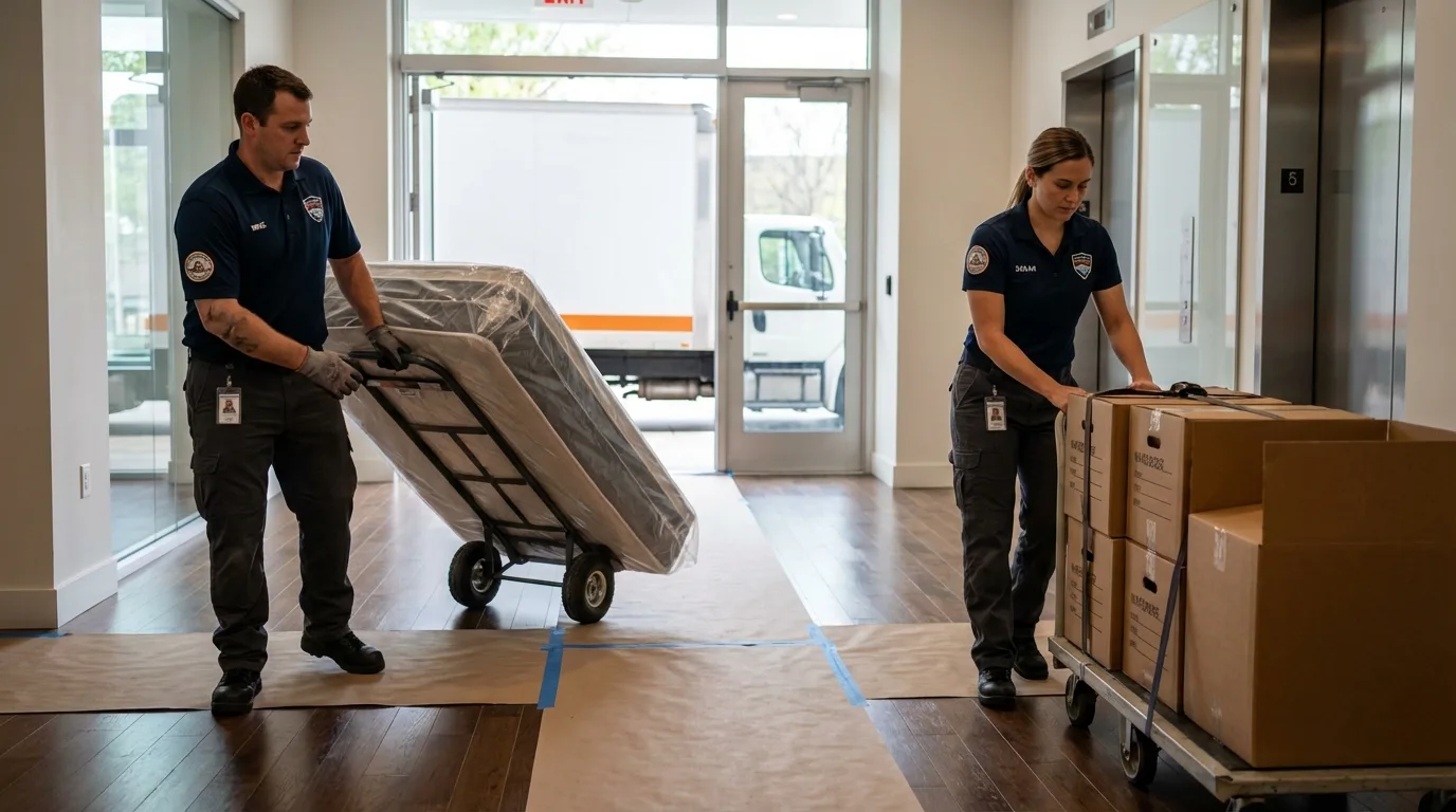 Professional apartment movers loading elevator in Greenwood, DE